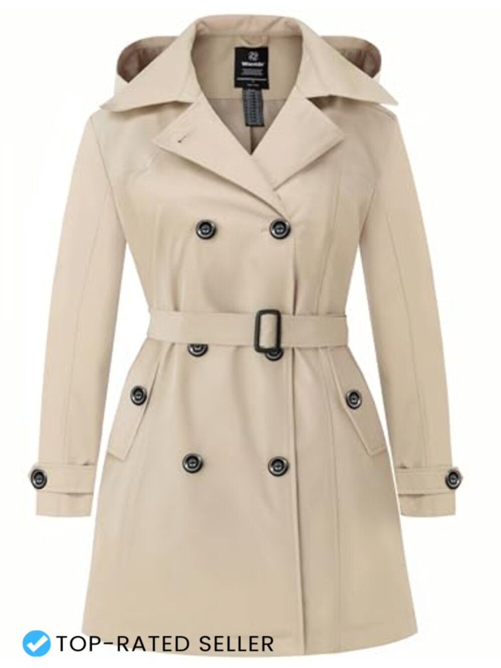 Plus Size Waterproof Trench Coat with Hood & Removable Belt
